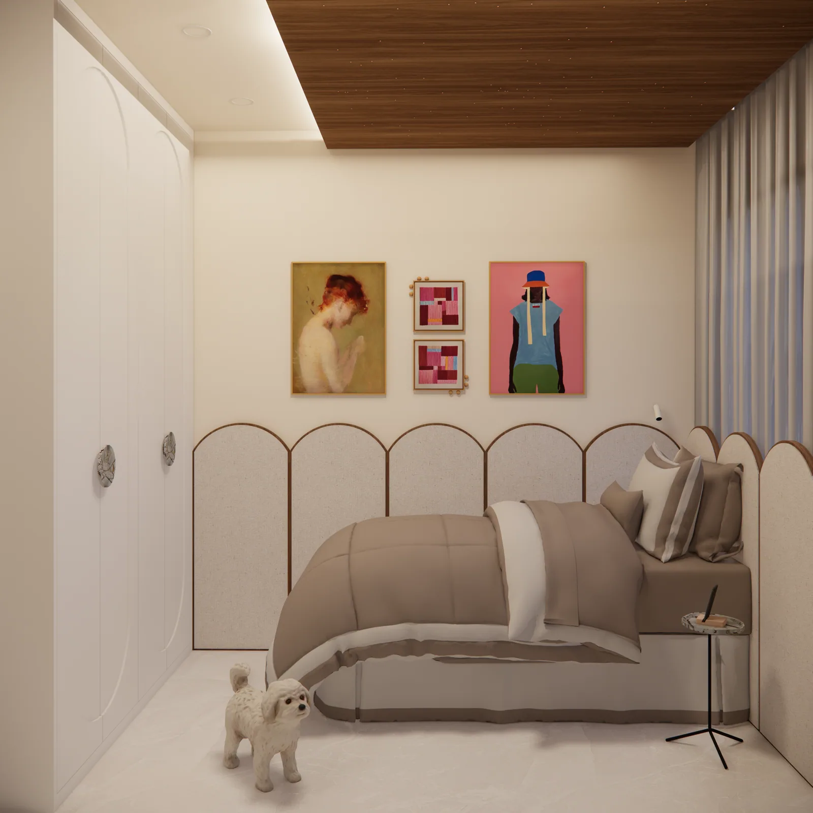 Quarto Nathy com marcenaria amadeirada e iluminação quente, projeto de Felipe Fraga